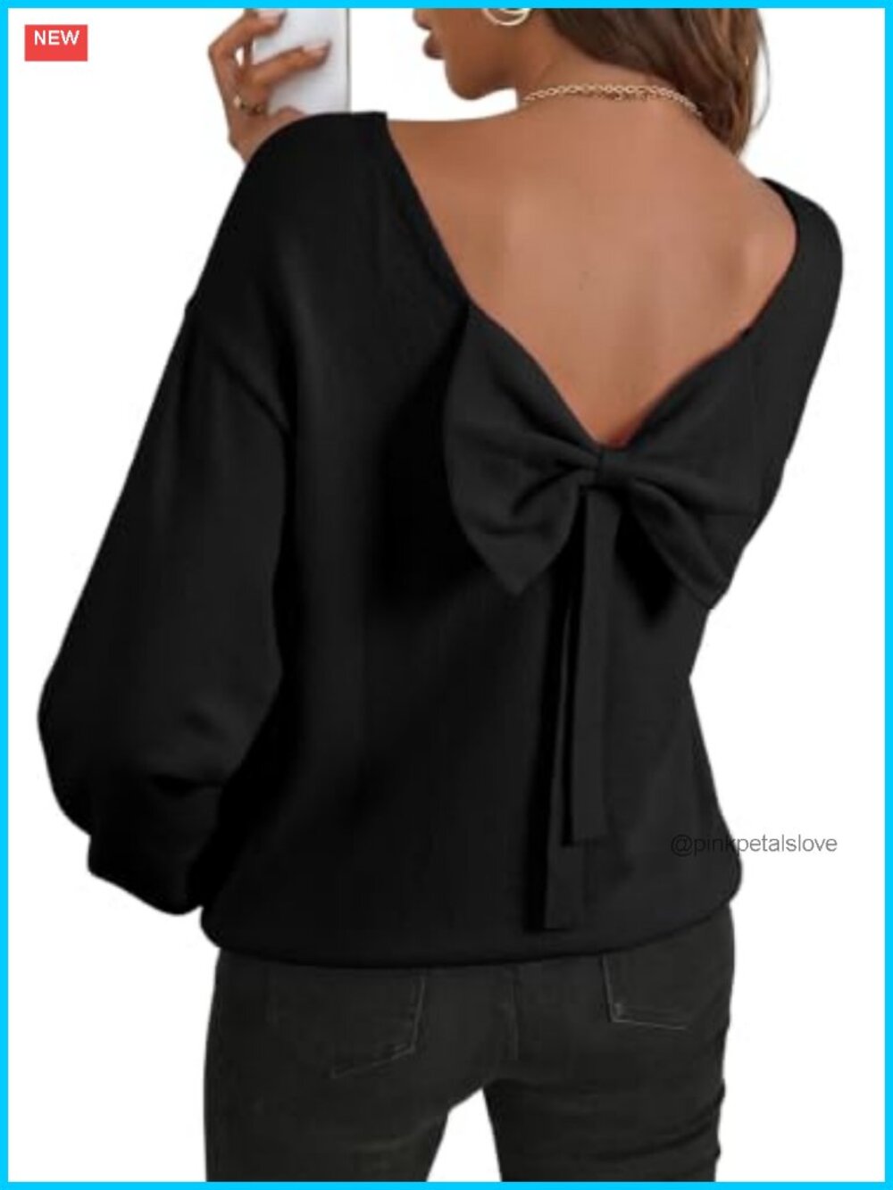 Back Bow Pullover Sweater Long Balloon Sleeve Loose Knit Women's Fall Top